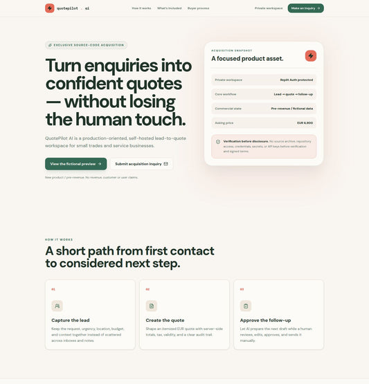 QuotePilot AI Lead-to-Quote Dashboard – Desktopansicht
